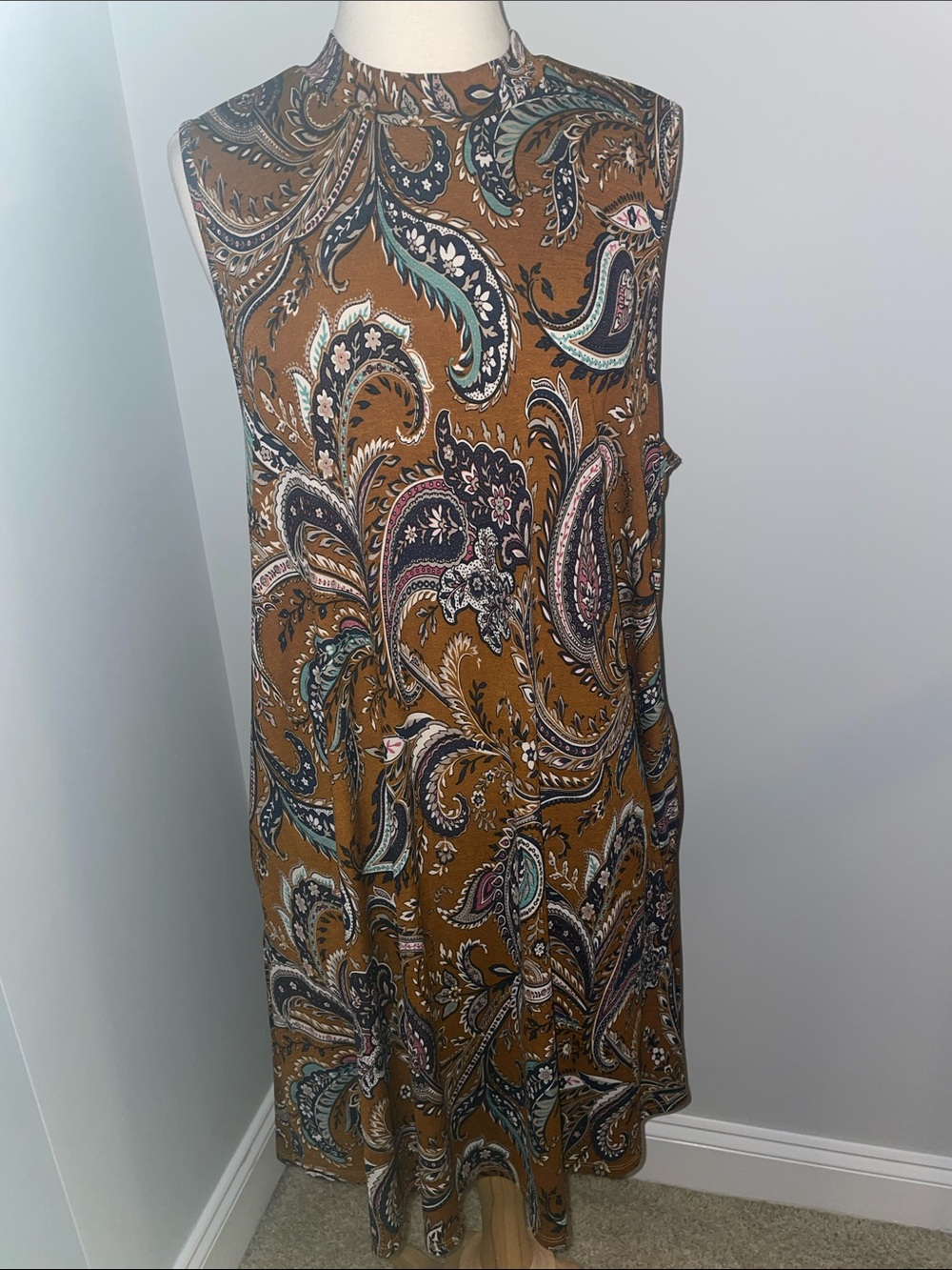 Honeyme Curvy Brown and Teal Paisley Print Dress